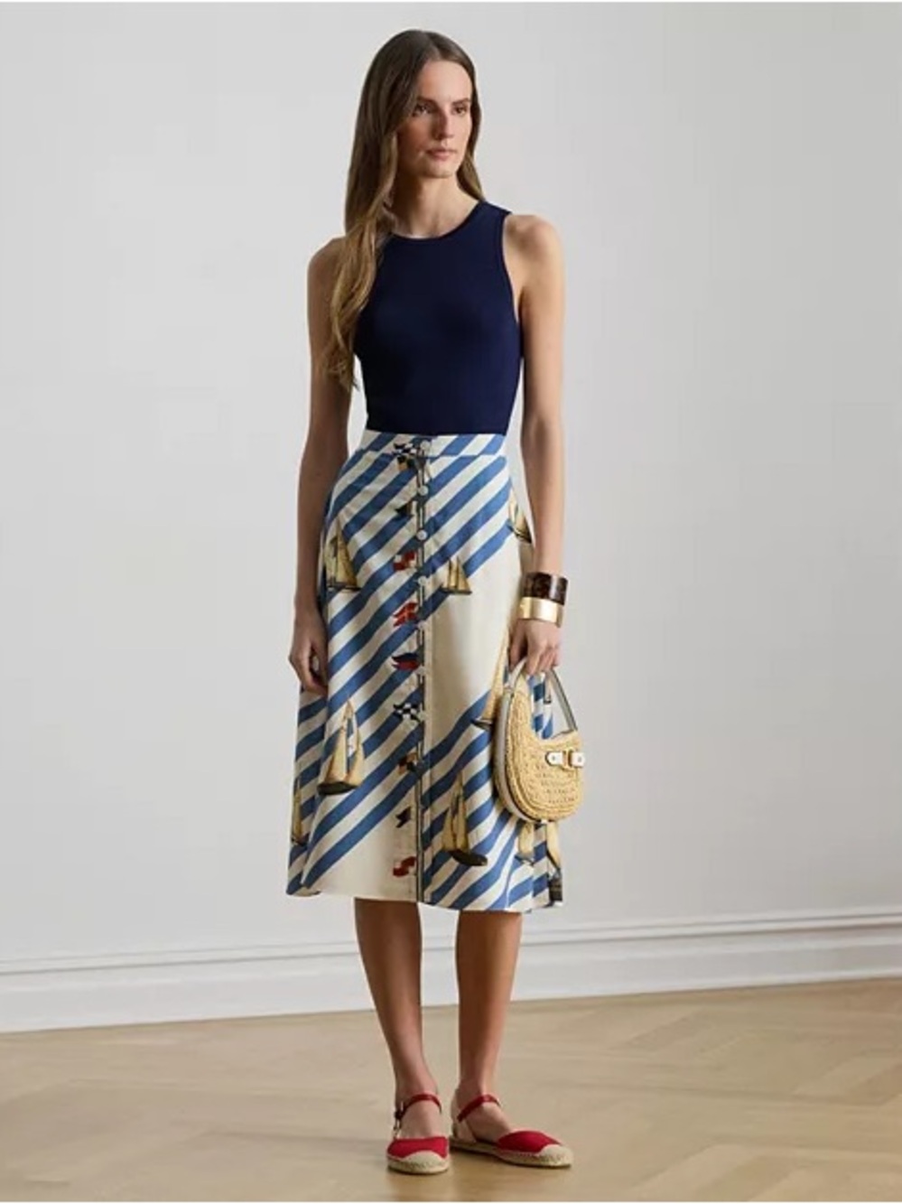 Lauren Ralph Lauren Button Front Crepe Skirt Size 10 NWT Nautical Coastal